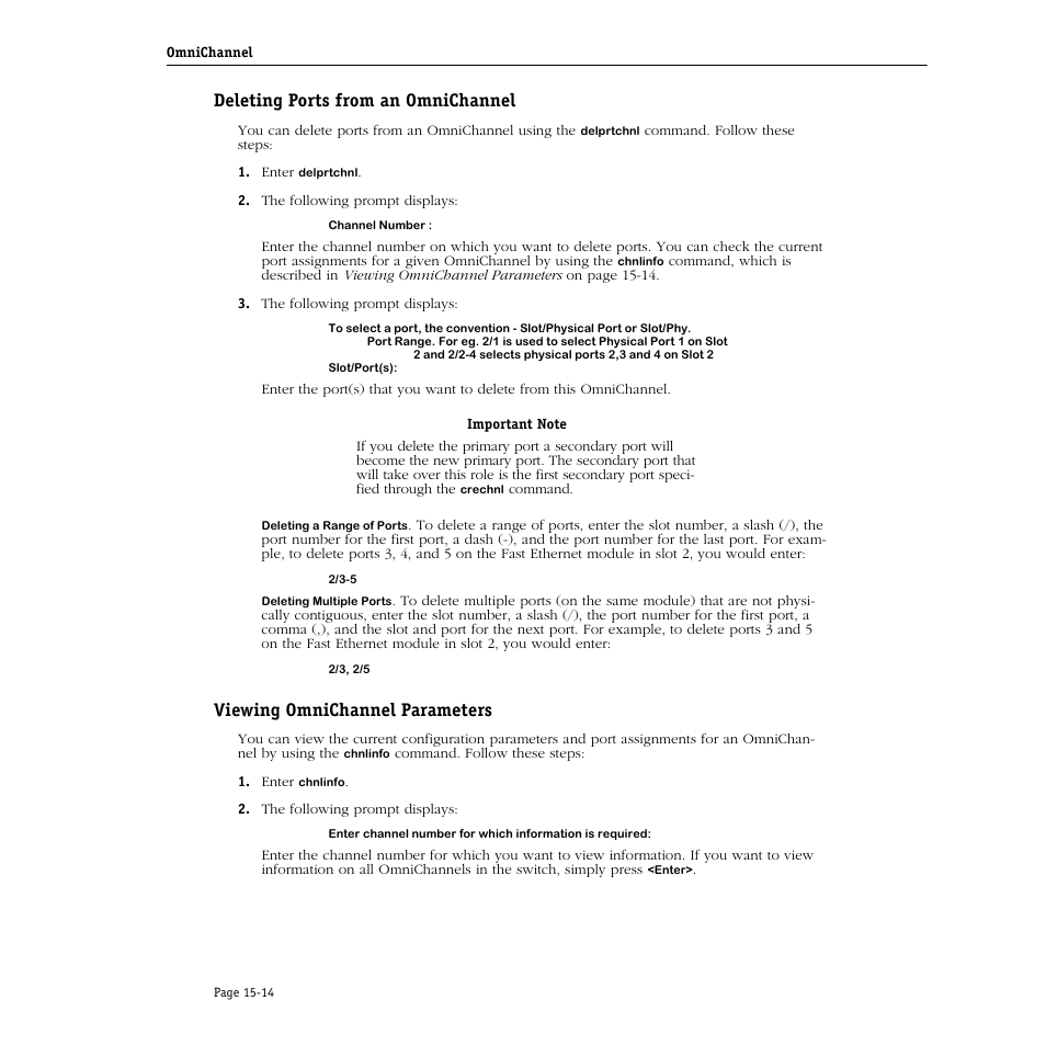 Deleting ports from an omnichannel, Viewing omnichannel parameters | Alcatel Carrier Internetworking Solutions Omni Switch/Router User Manual | Page 428 / 1100