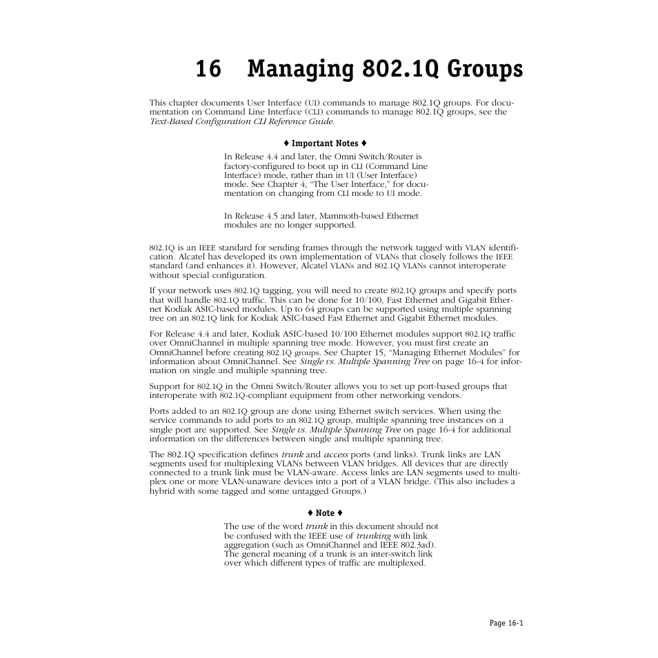 Managing 802.1q groups, 16 managing 802.1q groups | Alcatel Carrier Internetworking Solutions Omni Switch/Router User Manual | Page 431 / 1100