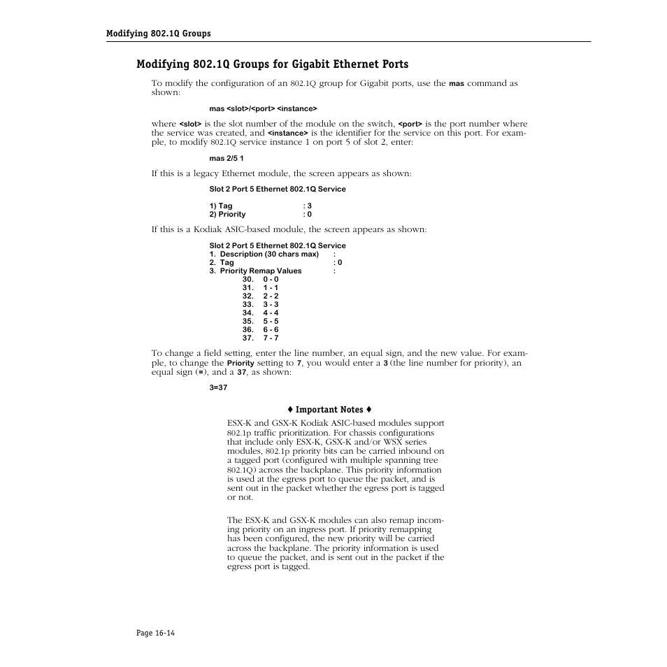 Modifying 802.1q groups for gigabit ethernet ports | Alcatel Carrier Internetworking Solutions Omni Switch/Router User Manual | Page 444 / 1100