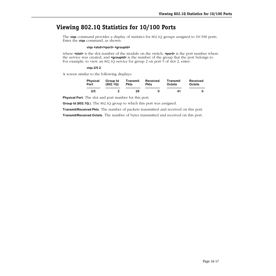 Viewing 802.1q statistics for 10/100 ports, Viewing 802.1q statistics for 10/100 ports -17 | Alcatel Carrier Internetworking Solutions Omni Switch/Router User Manual | Page 447 / 1100