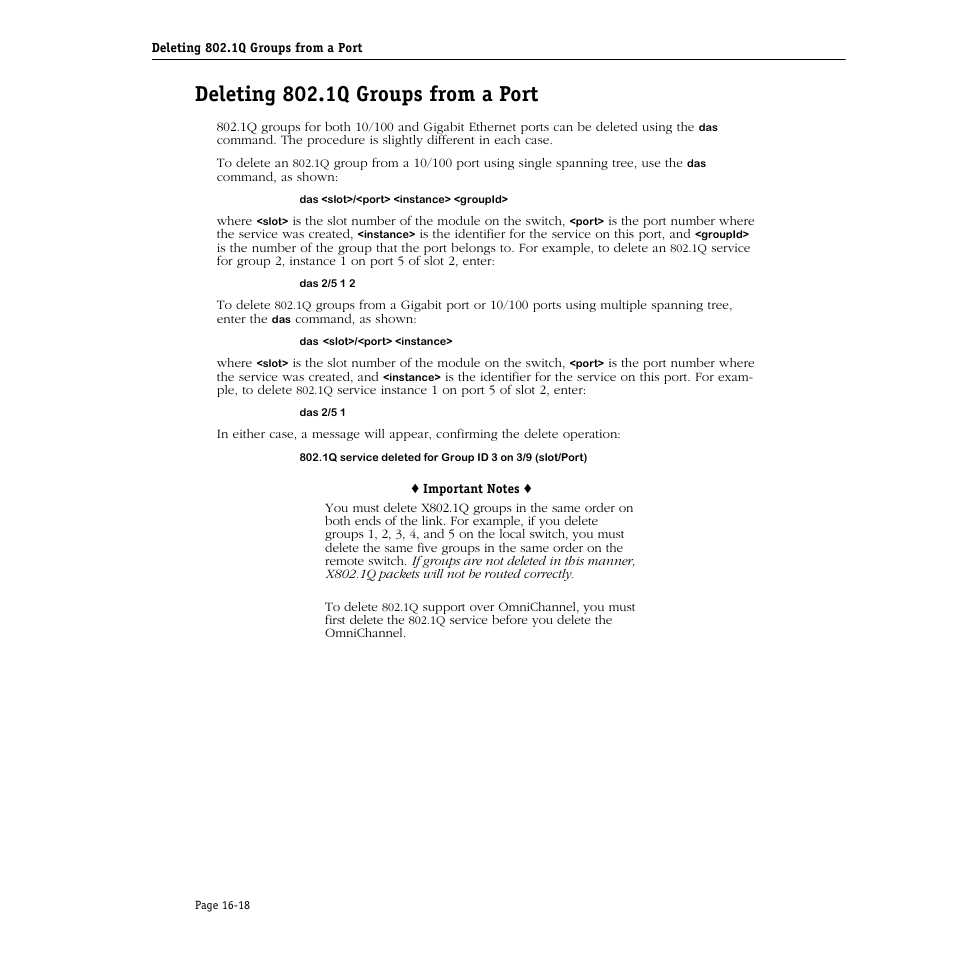 Deleting 802.1q groups from a port, Deleting 802.1q groups from a port -18 | Alcatel Carrier Internetworking Solutions Omni Switch/Router User Manual | Page 448 / 1100