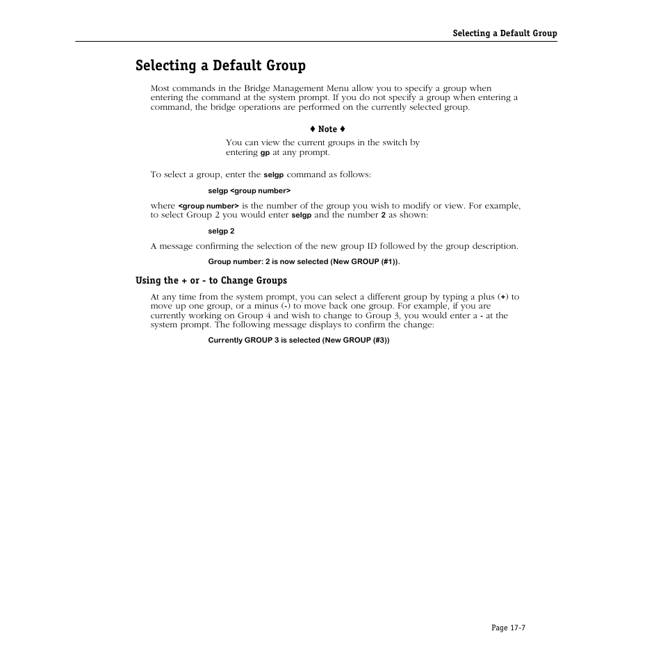 Selecting a default group, Using the + or - to change groups, Selecting a default group -7 | Using the + or - to change groups -7 | Alcatel Carrier Internetworking Solutions Omni Switch/Router User Manual | Page 455 / 1100