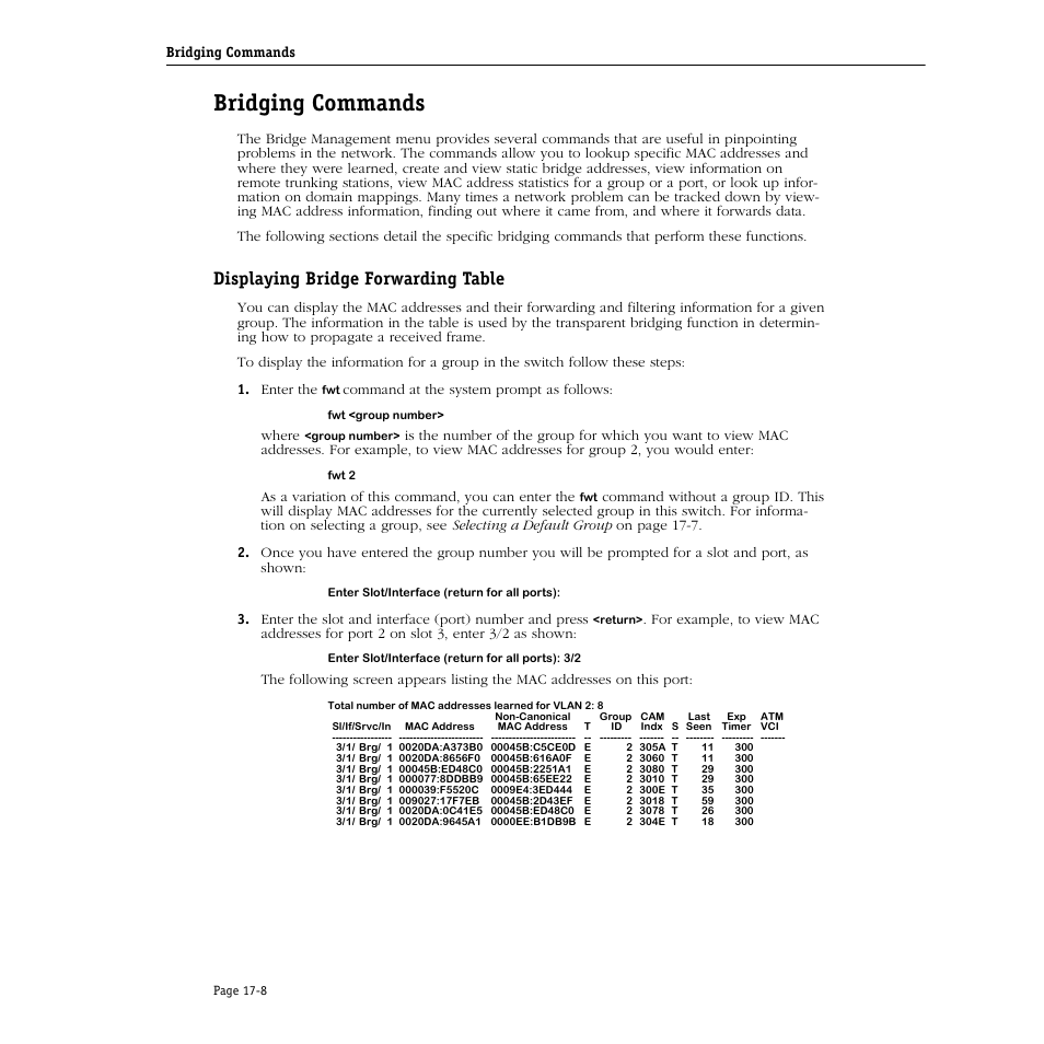 Bridging commands, Displaying bridge forwarding table, Bridging commands -8 | Displaying bridge forwarding table -8 | Alcatel Carrier Internetworking Solutions Omni Switch/Router User Manual | Page 456 / 1100