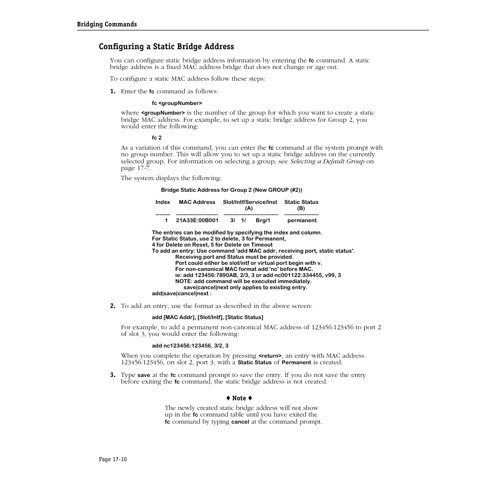 Configuring a static bridge address, Configuring a static bridge address -10 | Alcatel Carrier Internetworking Solutions Omni Switch/Router User Manual | Page 458 / 1100