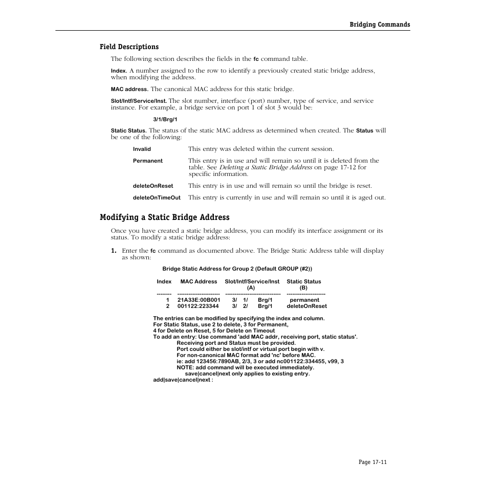 Field descriptions, Modifying a static bridge address, Modifying a static bridge address -11 | Alcatel Carrier Internetworking Solutions Omni Switch/Router User Manual | Page 459 / 1100