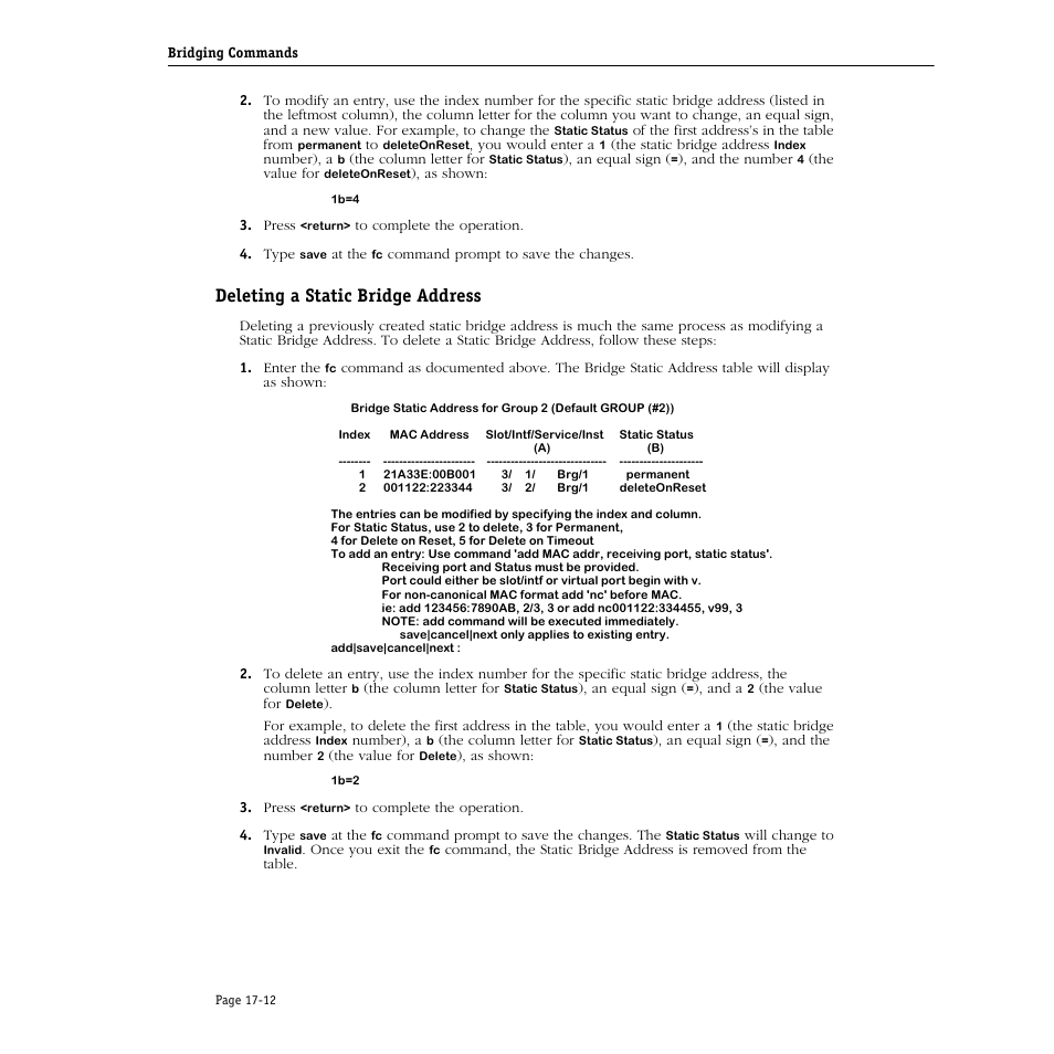 Deleting a static bridge address, Deleting a static bridge address -12 | Alcatel Carrier Internetworking Solutions Omni Switch/Router User Manual | Page 460 / 1100