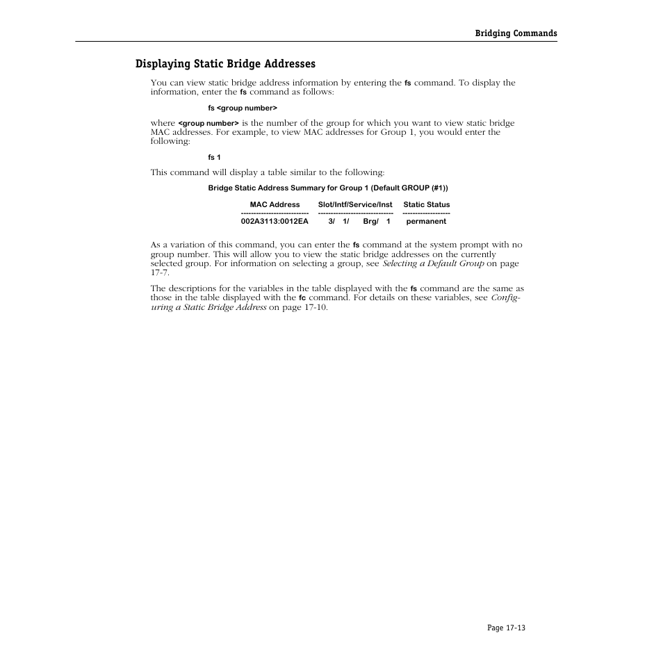 Displaying static bridge addresses, Displaying static bridge addresses -13 | Alcatel Carrier Internetworking Solutions Omni Switch/Router User Manual | Page 461 / 1100