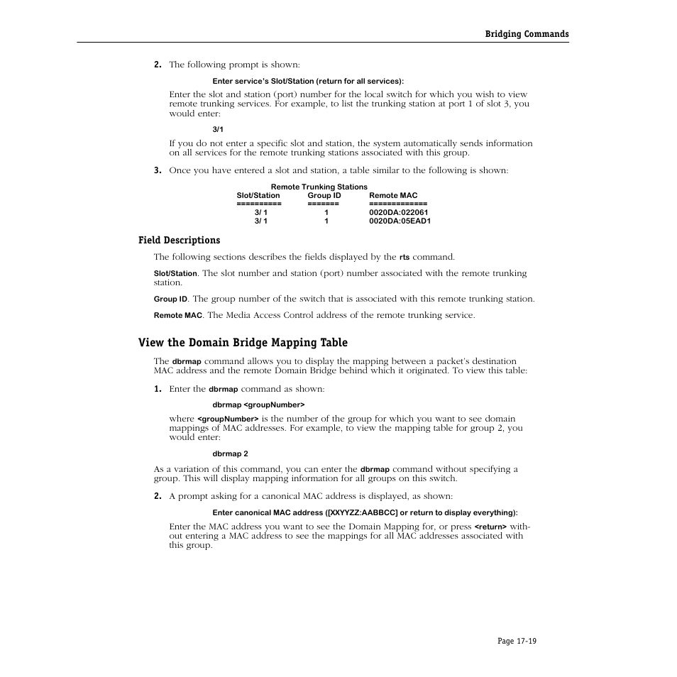 Field descriptions, View the domain bridge mapping table, View the domain bridge mapping table -19 | Alcatel Carrier Internetworking Solutions Omni Switch/Router User Manual | Page 467 / 1100