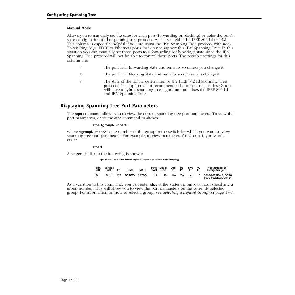 Displaying spanning tree port parameters, Displaying spanning tree port parameters -32 | Alcatel Carrier Internetworking Solutions Omni Switch/Router User Manual | Page 480 / 1100