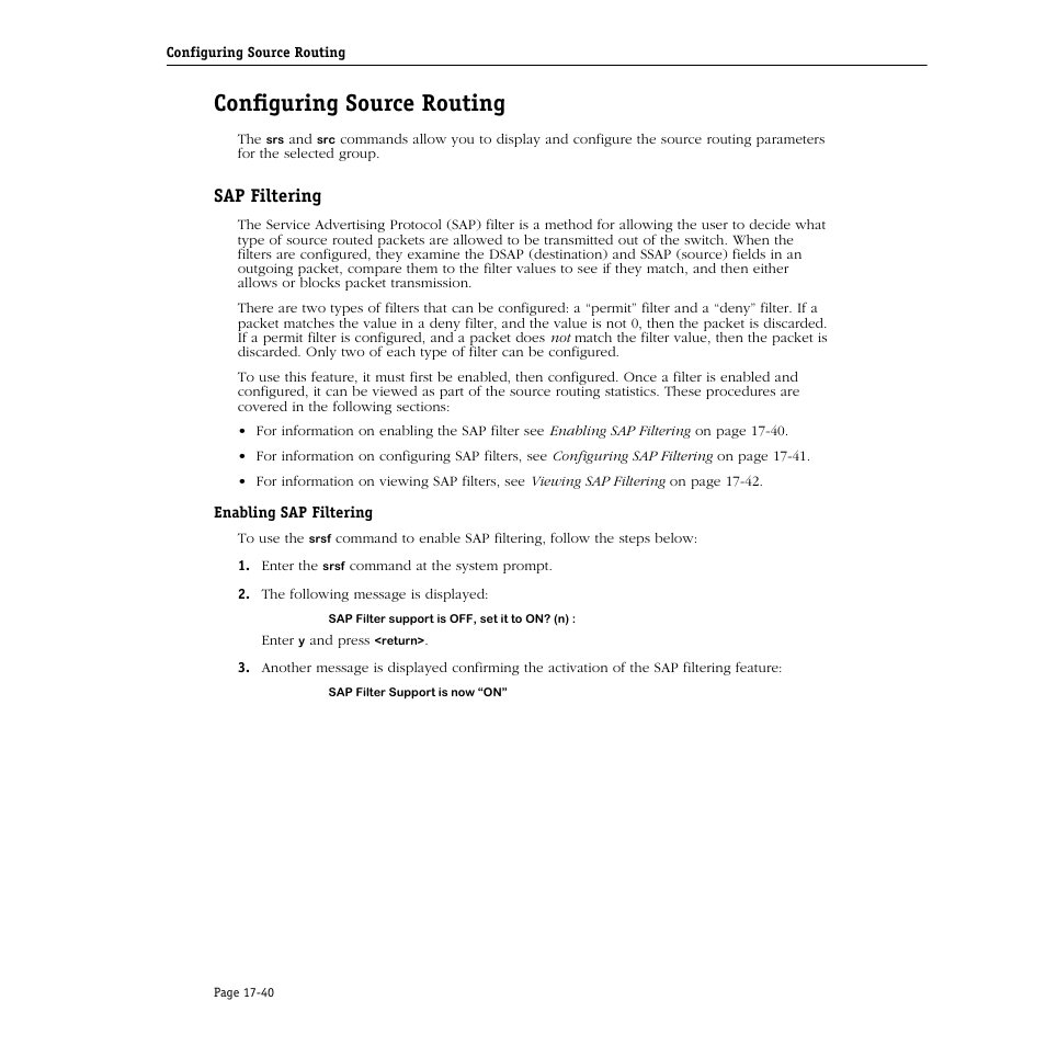 Configuring source routing, Sap filtering, Enabling sap filtering | Configuring source routing -40, Sap filtering -40, Enabling sap filtering -40 | Alcatel Carrier Internetworking Solutions Omni Switch/Router User Manual | Page 488 / 1100