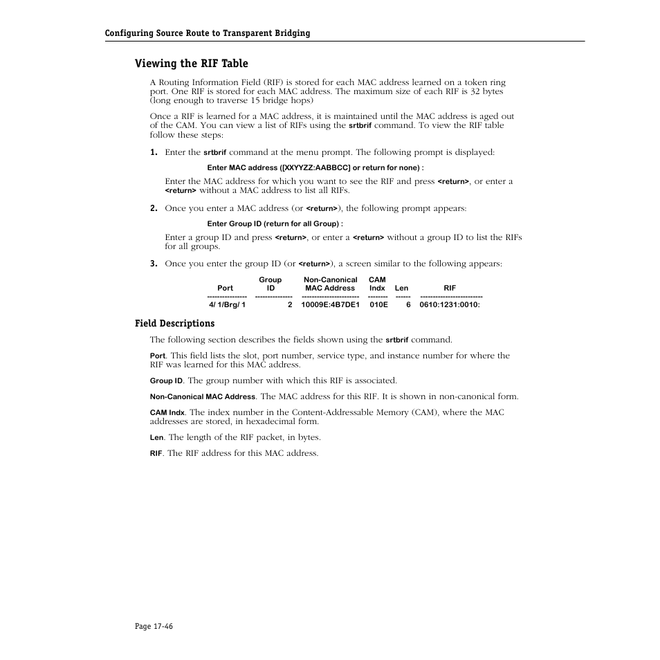 Viewing the rif table, Field descriptions, Viewing the rif table -46 | Alcatel Carrier Internetworking Solutions Omni Switch/Router User Manual | Page 494 / 1100