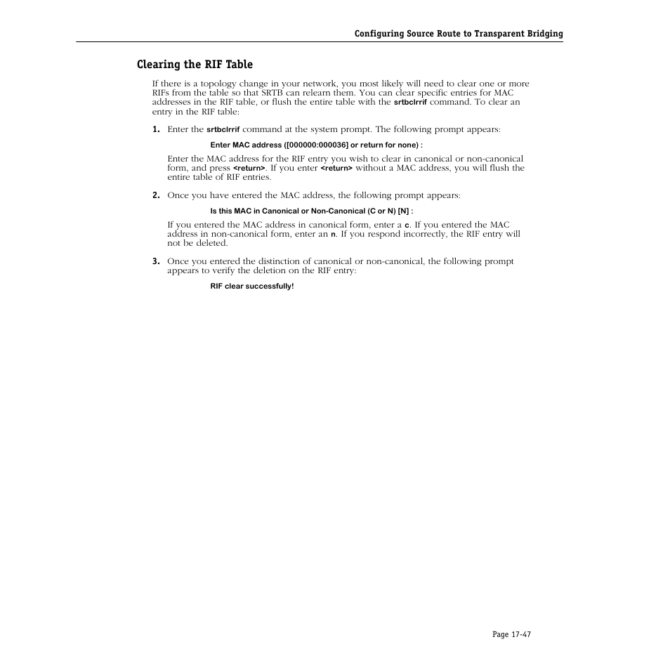 Clearing the rif table, Clearing the rif table -47 | Alcatel Carrier Internetworking Solutions Omni Switch/Router User Manual | Page 495 / 1100