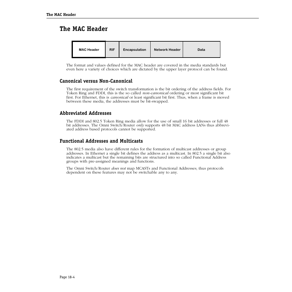 The mac header, Canonical versus non-canonical, Abbreviated addresses | Functional addresses and multicasts, The mac header -4 | Alcatel Carrier Internetworking Solutions Omni Switch/Router User Manual | Page 500 / 1100
