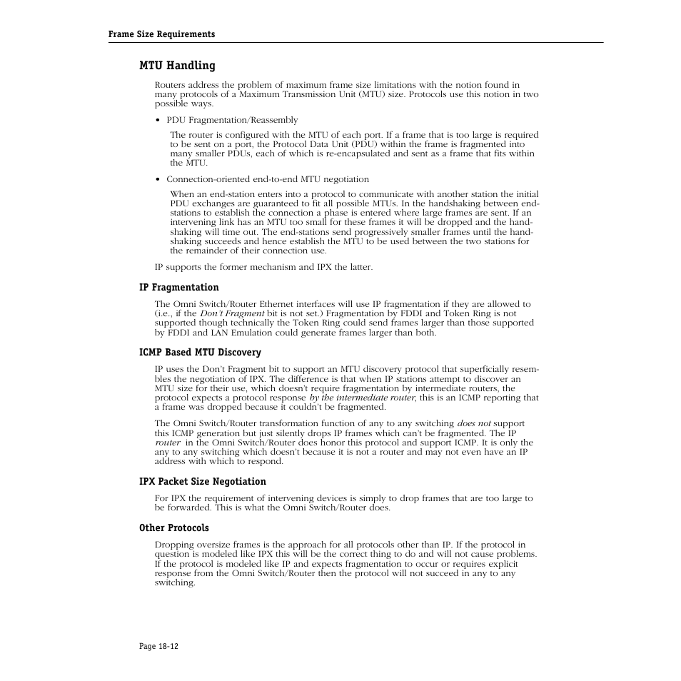 Mtu handling, Ip fragmentation, Icmp based mtu discovery | Ipx packet size negotiation, Other protocols, Mtu handling -12 | Alcatel Carrier Internetworking Solutions Omni Switch/Router User Manual | Page 508 / 1100