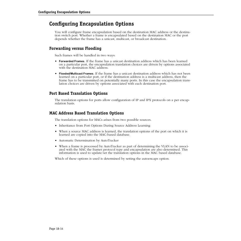 Configuring encapsulation options, Forwarding versus flooding, Port based translation options | Mac address based translation options, Configuring encapsulation options -14 | Alcatel Carrier Internetworking Solutions Omni Switch/Router User Manual | Page 510 / 1100