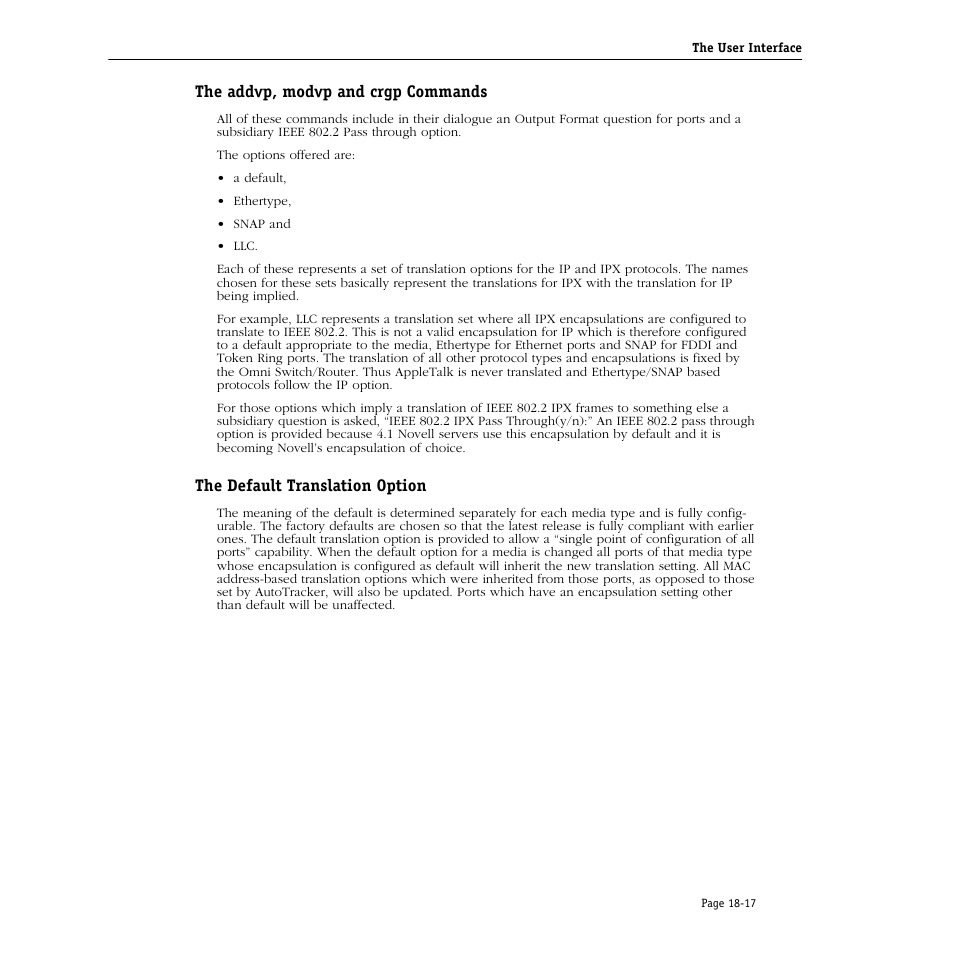 The addvp, modvp and crgp commands, The default translation option | Alcatel Carrier Internetworking Solutions Omni Switch/Router User Manual | Page 513 / 1100