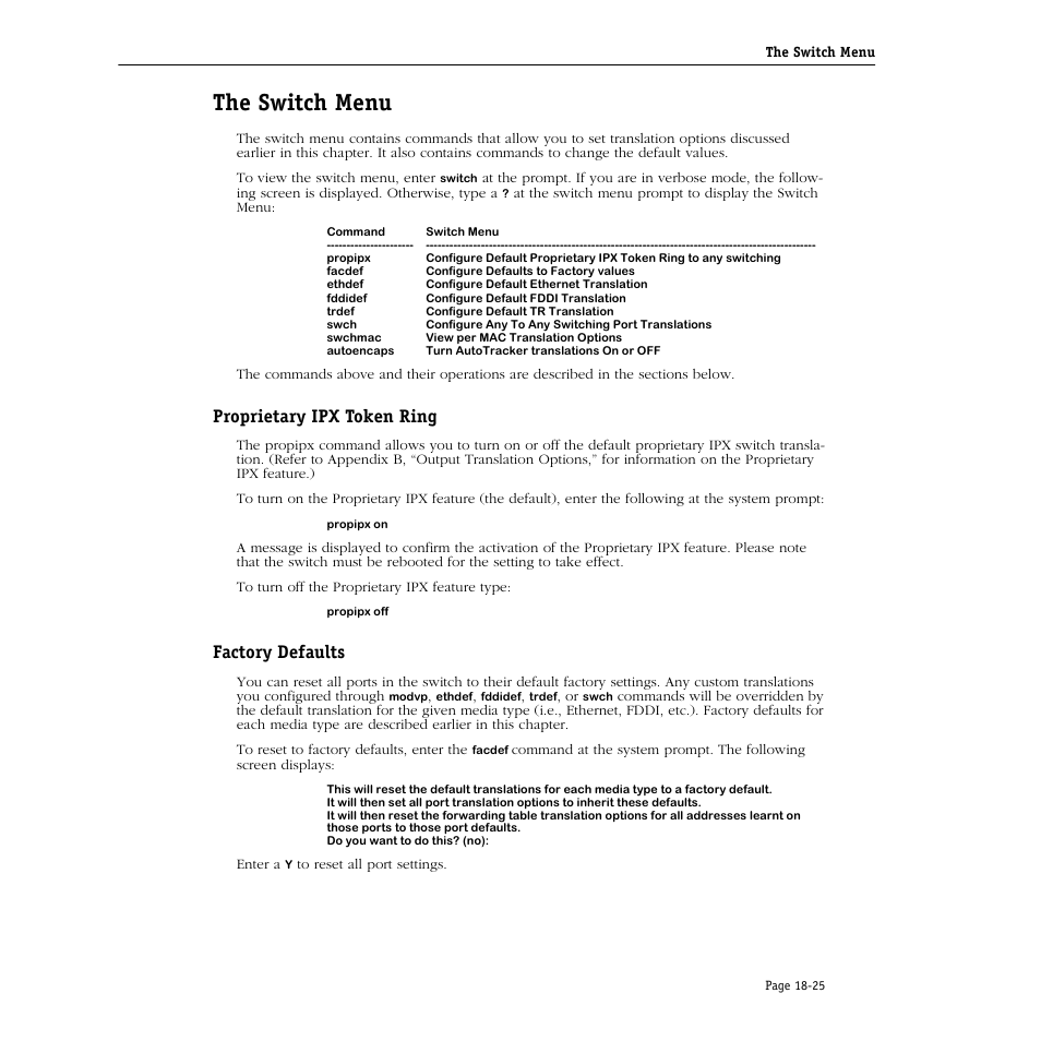 The switch menu, Proprietary ipx token ring, Factory defaults | The switch menu -25 | Alcatel Carrier Internetworking Solutions Omni Switch/Router User Manual | Page 521 / 1100