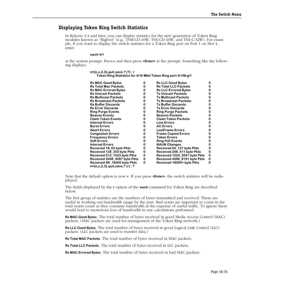 Displaying token ring switch statistics, Displaying token ring switch statistics -35 | Alcatel Carrier Internetworking Solutions Omni Switch/Router User Manual | Page 531 / 1100