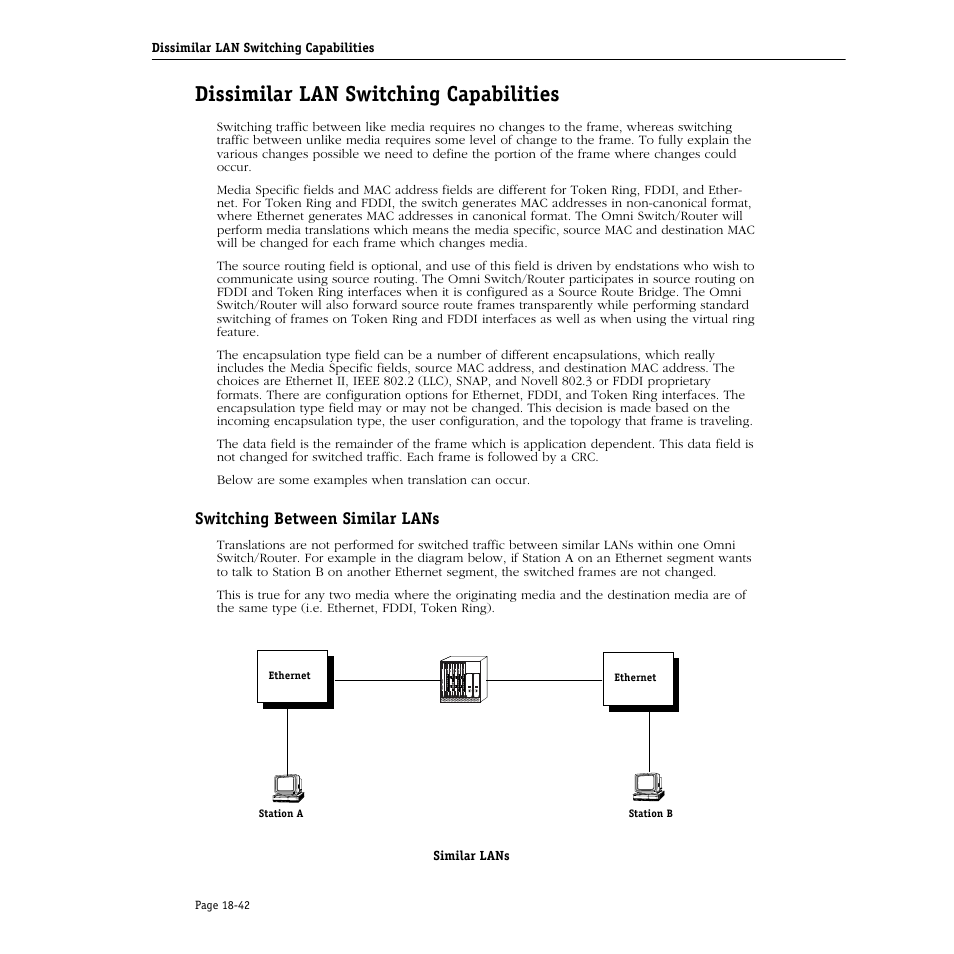 Dissimilar lan switching capabilities, Switching between similar lans, Dissimilar lan switching capabilities -42 | Switching between similar lans -42 | Alcatel Carrier Internetworking Solutions Omni Switch/Router User Manual | Page 538 / 1100