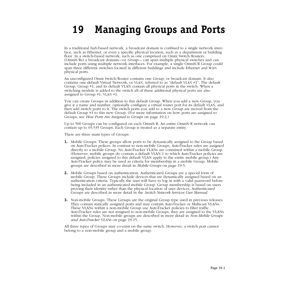 Managing groups and ports, 19 managing groups and ports | Alcatel Carrier Internetworking Solutions Omni Switch/Router User Manual | Page 543 / 1100