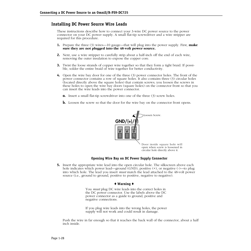 Installing dc power source wire leads, Installing dc power source wire leads -28 | Alcatel Carrier Internetworking Solutions Omni Switch/Router User Manual | Page 58 / 1100