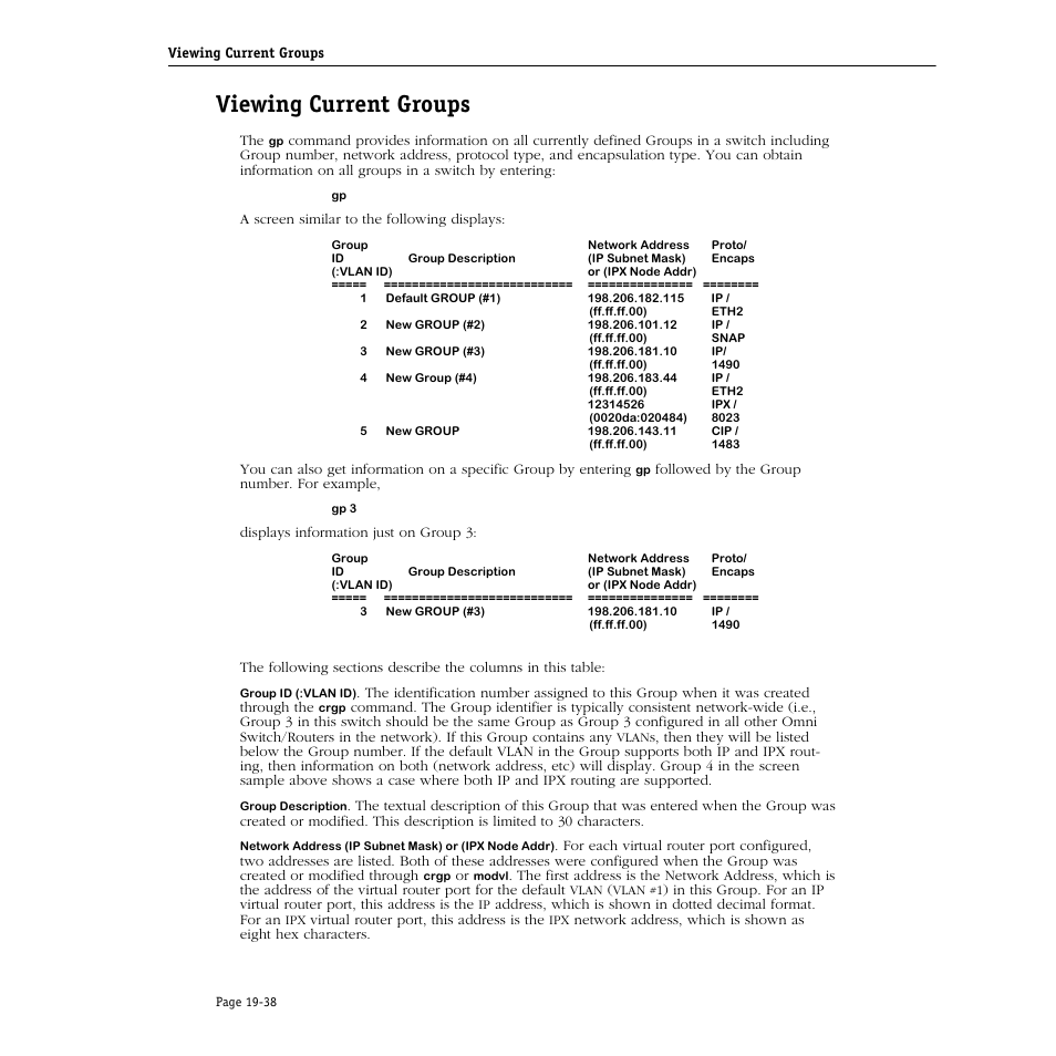 Viewing current groups, Viewing current groups -38 | Alcatel Carrier Internetworking Solutions Omni Switch/Router User Manual | Page 580 / 1100