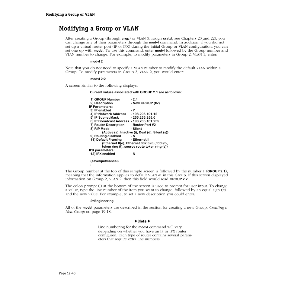 Modifying a group or vlan, Modifying a group or vlan -40 | Alcatel Carrier Internetworking Solutions Omni Switch/Router User Manual | Page 582 / 1100