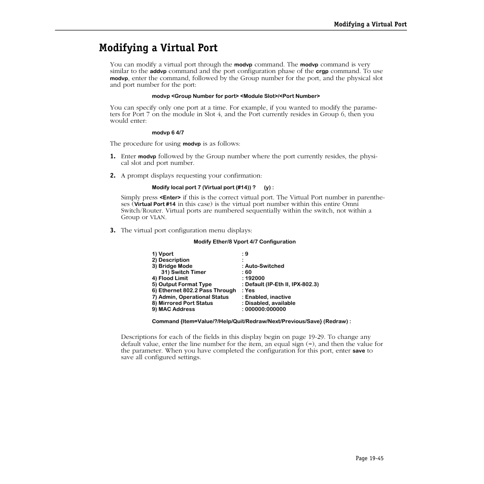 Modifying a virtual port, Modifying a virtual port -45 | Alcatel Carrier Internetworking Solutions Omni Switch/Router User Manual | Page 587 / 1100