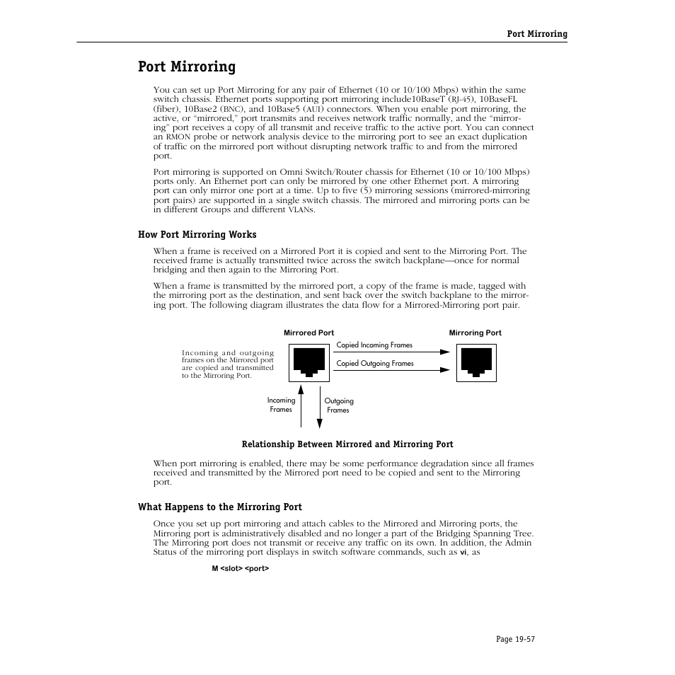 Port mirroring, How port mirroring works, What happens to the mirroring port | Port mirroring -57 | Alcatel Carrier Internetworking Solutions Omni Switch/Router User Manual | Page 599 / 1100