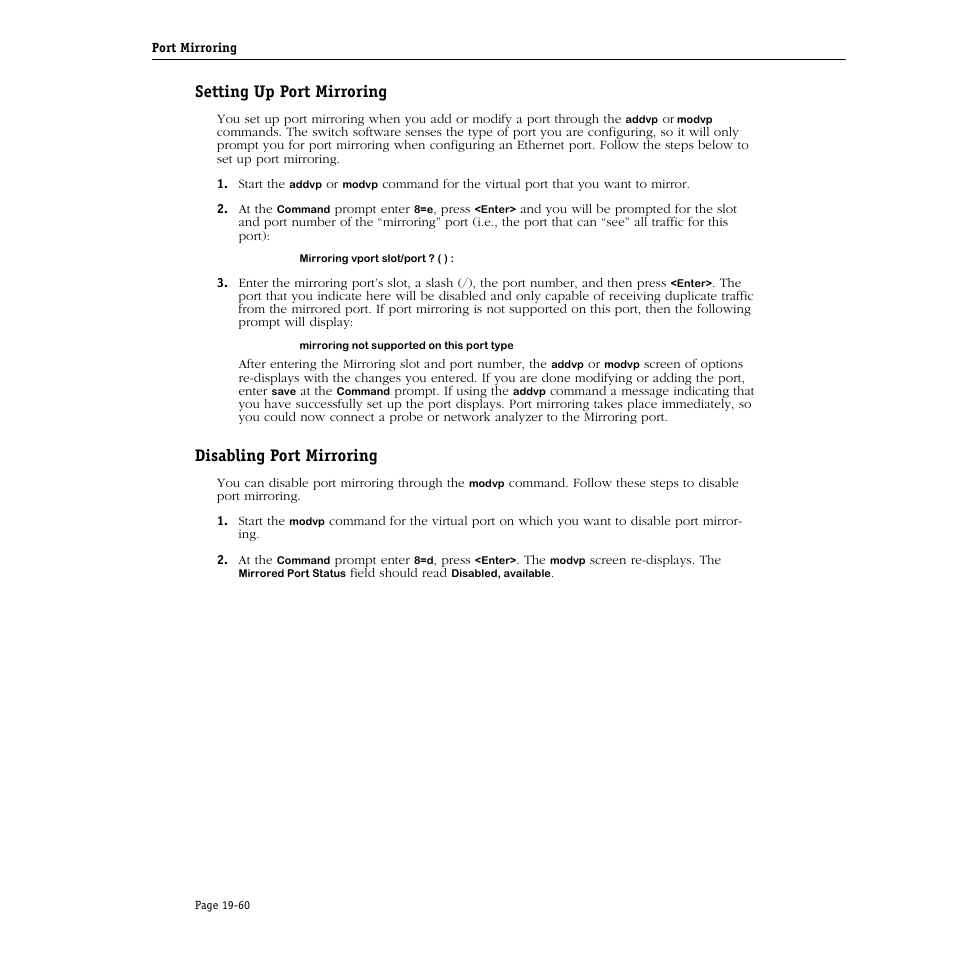 Setting up port mirroring, Disabling port mirroring | Alcatel Carrier Internetworking Solutions Omni Switch/Router User Manual | Page 602 / 1100