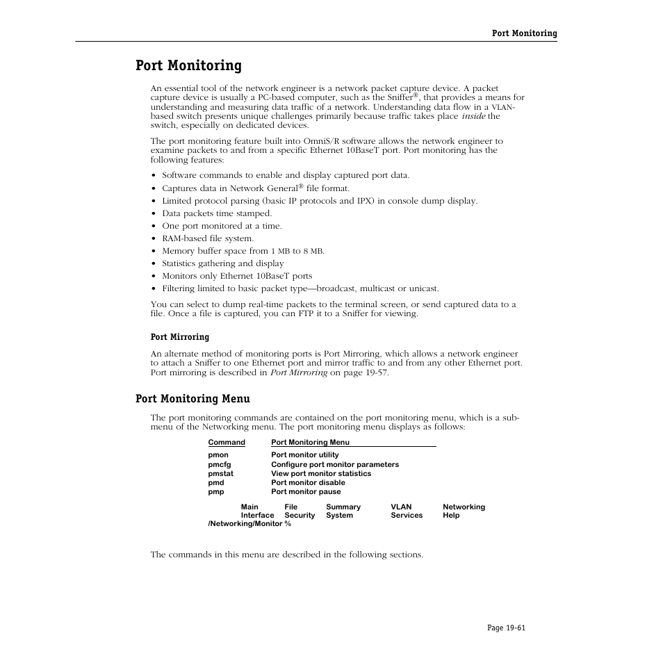 Port monitoring, Port monitoring menu, Port monitoring -61 | Port monitoring menu -61 | Alcatel Carrier Internetworking Solutions Omni Switch/Router User Manual | Page 603 / 1100