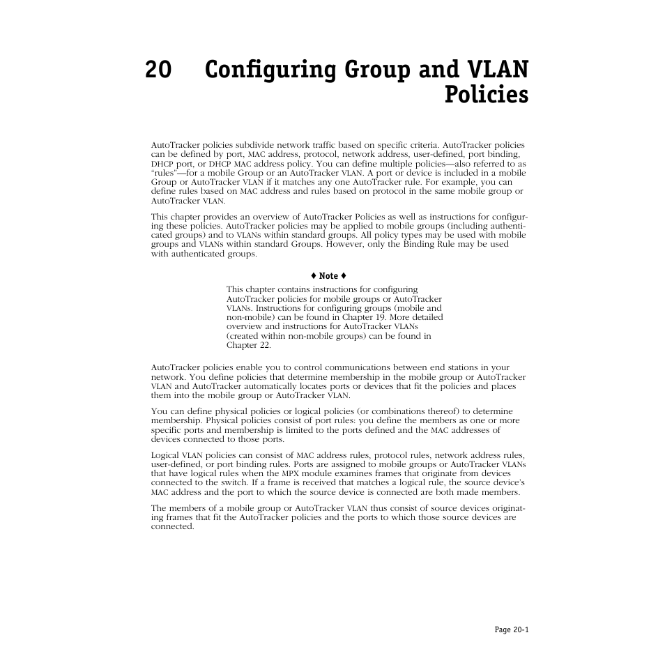 Configuring group and vlan policies, 20 configuring group and vlan policies | Alcatel Carrier Internetworking Solutions Omni Switch/Router User Manual | Page 617 / 1100