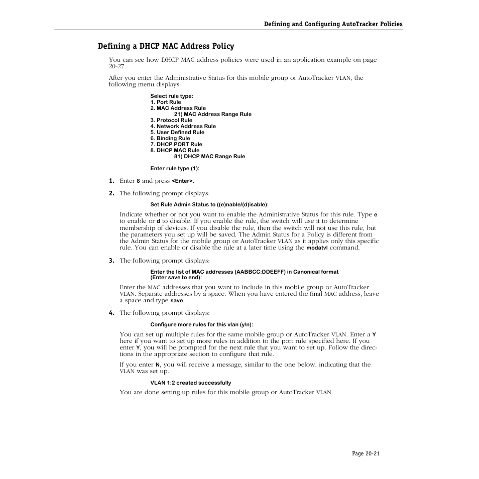 Defining a dhcp mac address policy, Defining a dhcp mac address policy -21 | Alcatel Carrier Internetworking Solutions Omni Switch/Router User Manual | Page 637 / 1100