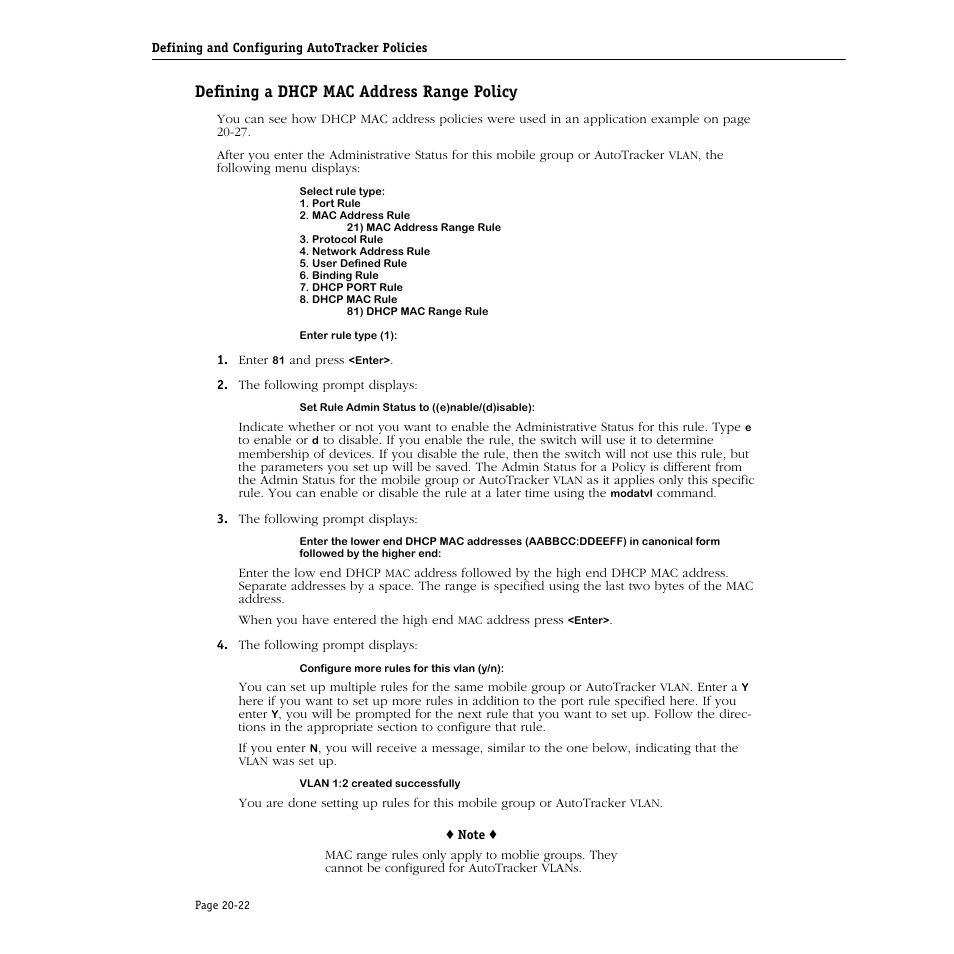 Defining a dhcp mac address range policy, Defining a dhcp mac address range policy -22 | Alcatel Carrier Internetworking Solutions Omni Switch/Router User Manual | Page 638 / 1100