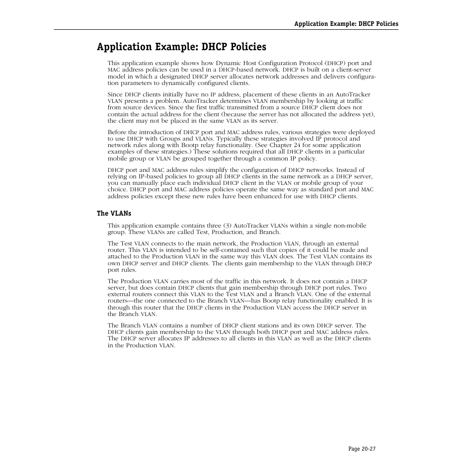 Application example: dhcp policies, The vlans, Application example: dhcp policies -27 | The vlans -27 | Alcatel Carrier Internetworking Solutions Omni Switch/Router User Manual | Page 643 / 1100