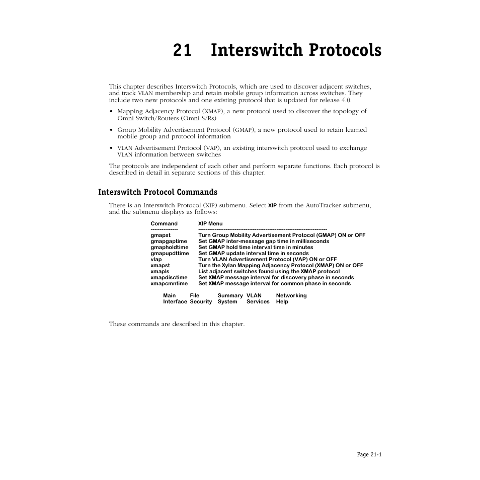 Interswitch protocols, Interswitch protocol commands, 21 interswitch protocols | Interswitch protocol commands -1 | Alcatel Carrier Internetworking Solutions Omni Switch/Router User Manual | Page 647 / 1100