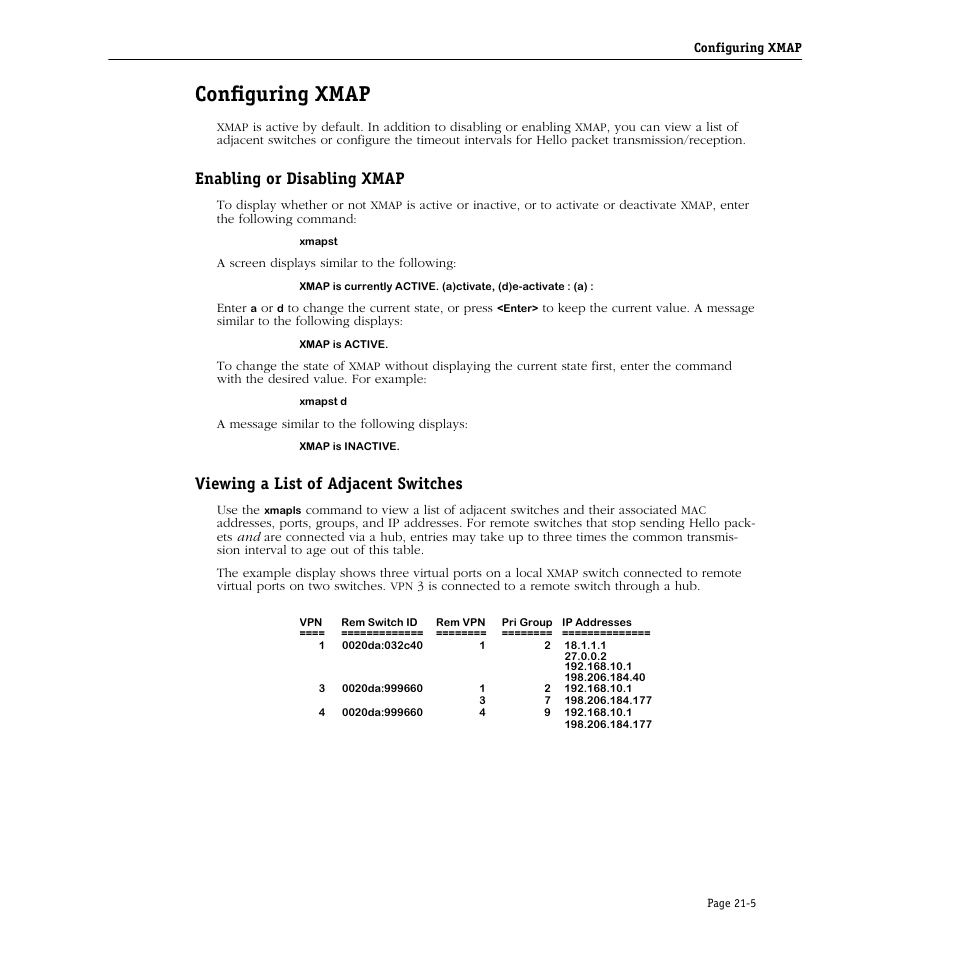 Configuring xmap, Enabling or disabling xmap, Viewing a list of adjacent switches | Configuring xmap -5 | Alcatel Carrier Internetworking Solutions Omni Switch/Router User Manual | Page 651 / 1100