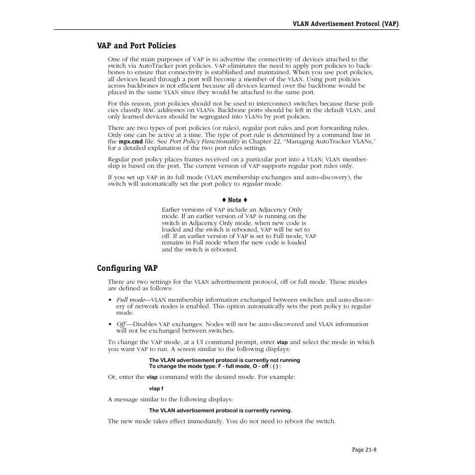 Vap and port policies, Configuring vap, Vap and port policies -9 configuring vap -9 | Alcatel Carrier Internetworking Solutions Omni Switch/Router User Manual | Page 655 / 1100