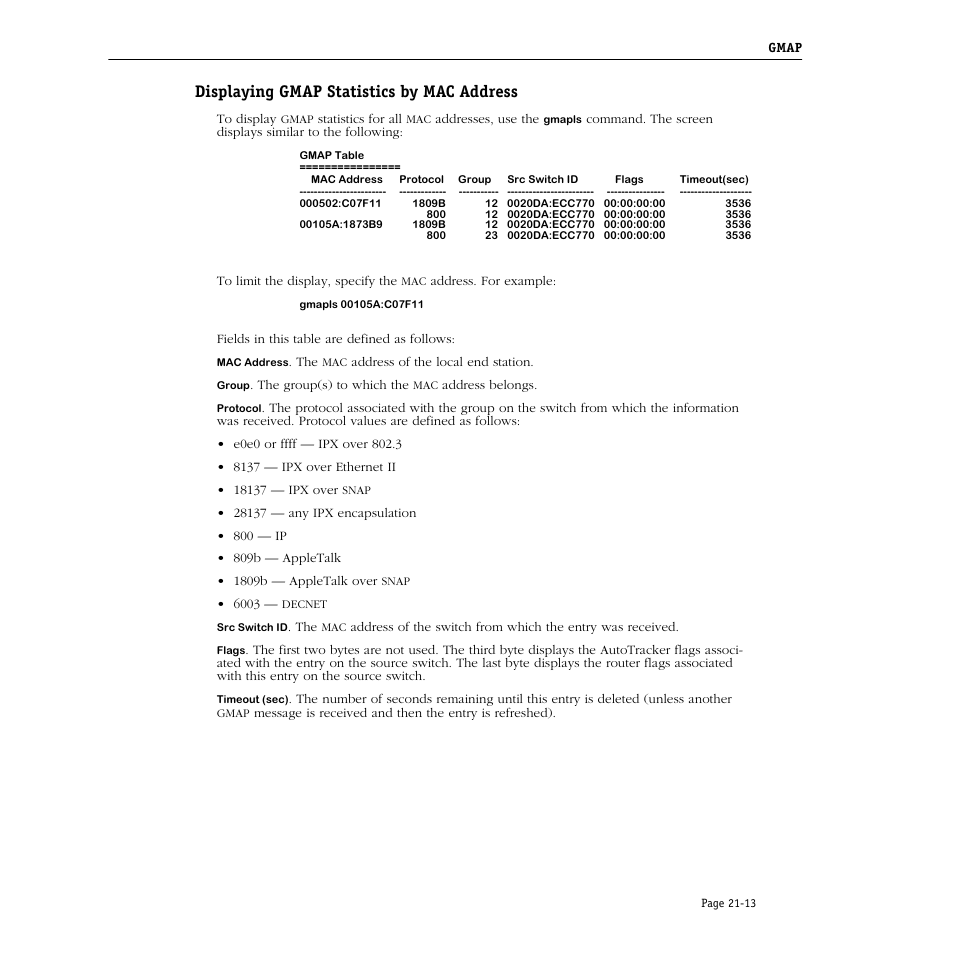 Displaying gmap statistics by mac address, Displaying gmap statistics by mac address -13 | Alcatel Carrier Internetworking Solutions Omni Switch/Router User Manual | Page 659 / 1100