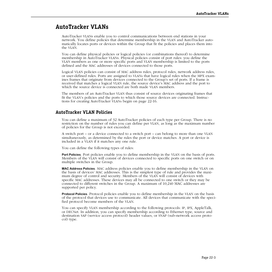 Autotracker vlans, Autotracker vlan policies, Autotracker vlans -3 | Autotracker vlan policies -3 | Alcatel Carrier Internetworking Solutions Omni Switch/Router User Manual | Page 663 / 1100