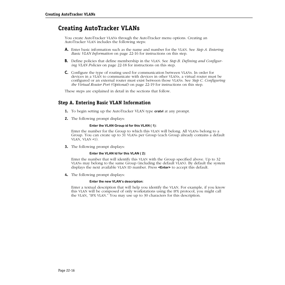 Creating autotracker vlans, Step a. entering basic vlan information, Creating autotracker vlans -16 | Step a. entering basic vlan information -16 | Alcatel Carrier Internetworking Solutions Omni Switch/Router User Manual | Page 676 / 1100