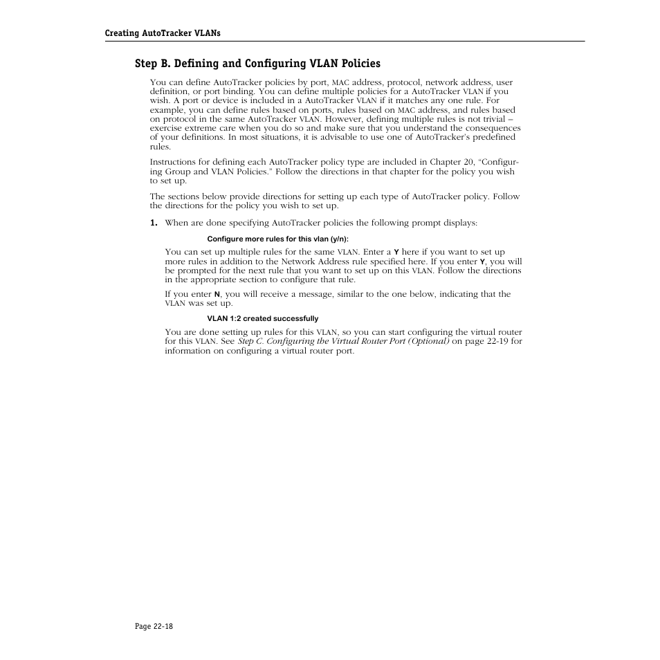 Step b. defining and configuring vlan policies, Step b. defining and configuring vlan policies -18, See step b. defining and configur | Alcatel Carrier Internetworking Solutions Omni Switch/Router User Manual | Page 678 / 1100