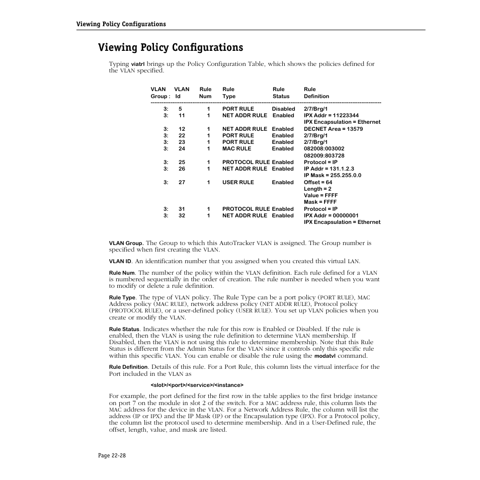 Viewing policy configurations, Viewing policy configurations -28 | Alcatel Carrier Internetworking Solutions Omni Switch/Router User Manual | Page 688 / 1100