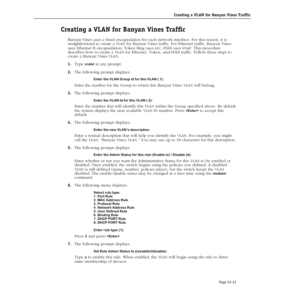 Creating a vlan for banyan vines traffic, Creating a vlan for banyan vines traffic -31 | Alcatel Carrier Internetworking Solutions Omni Switch/Router User Manual | Page 691 / 1100