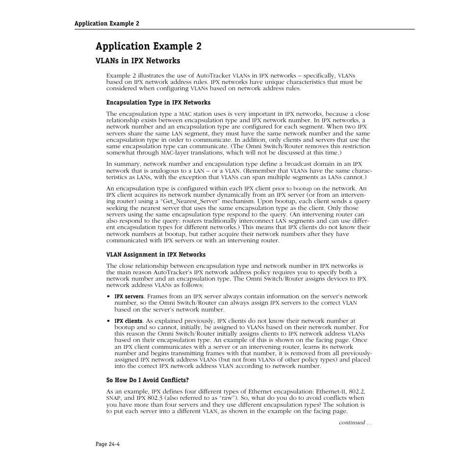 Application example 2, Vlans in ipx networks, Application example 2 -4 | Vlans in ipx networks -4 | Alcatel Carrier Internetworking Solutions Omni Switch/Router User Manual | Page 714 / 1100