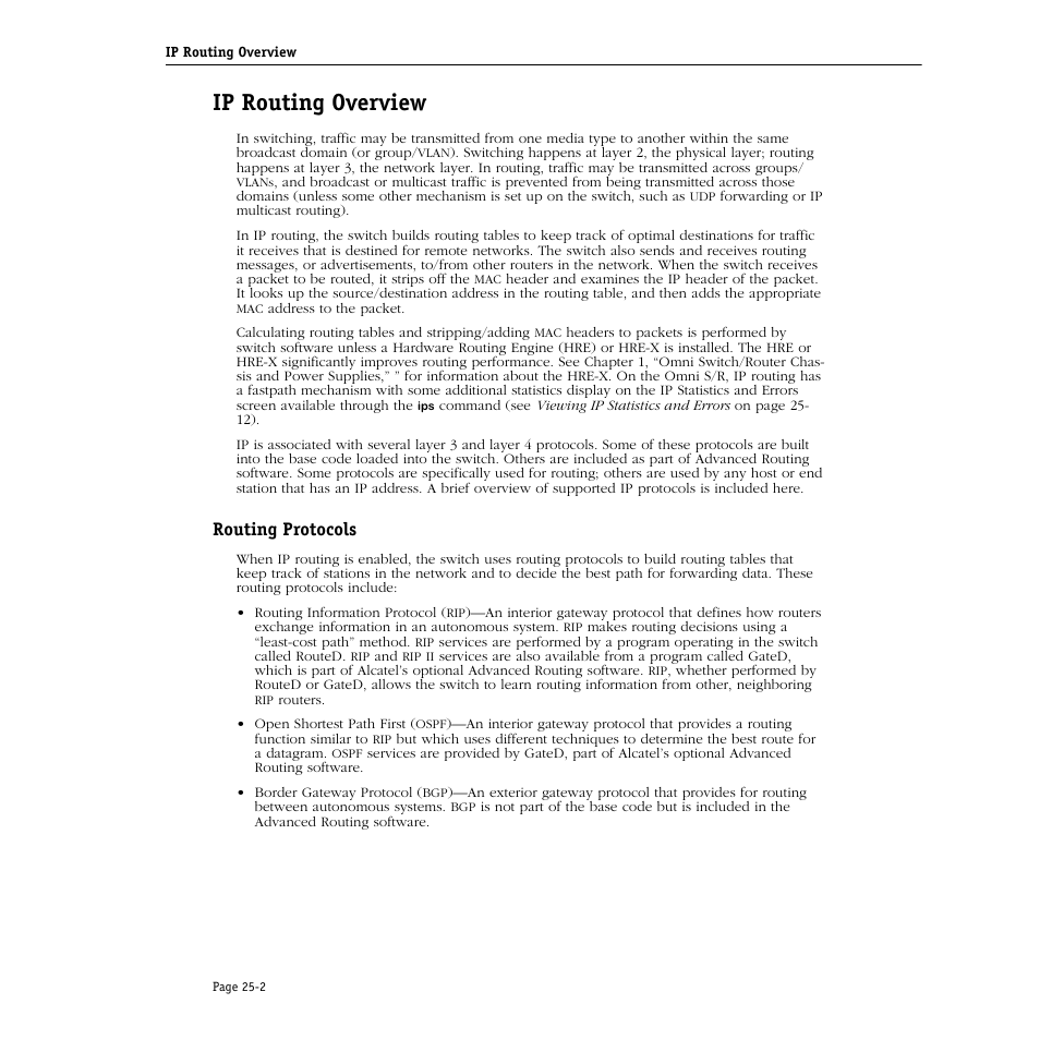 Ip routing overview, Routing protocols, Ip routing overview -2 | Routing protocols -2 | Alcatel Carrier Internetworking Solutions Omni Switch/Router User Manual | Page 724 / 1100