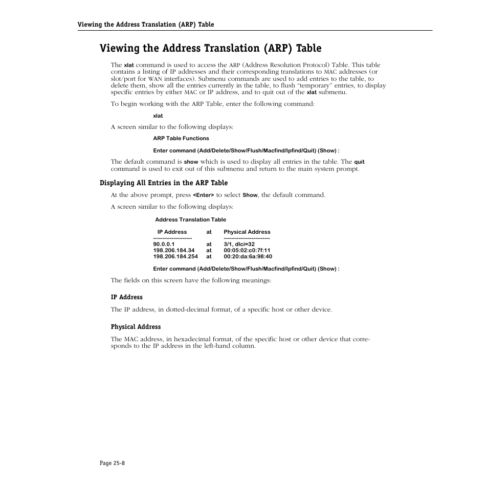 Viewing the address translation (arp) table, Displaying all entries in the arp table, Viewing the address translation (arp) table -8 | Displaying all entries in the arp table -8 | Alcatel Carrier Internetworking Solutions Omni Switch/Router User Manual | Page 730 / 1100