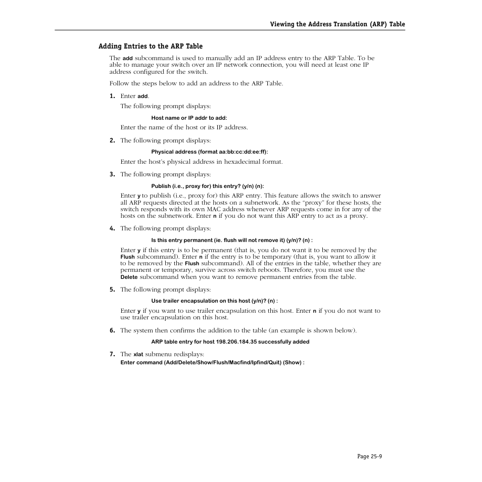 Adding entries to the arp table, Adding entries to the arp table -9 | Alcatel Carrier Internetworking Solutions Omni Switch/Router User Manual | Page 731 / 1100