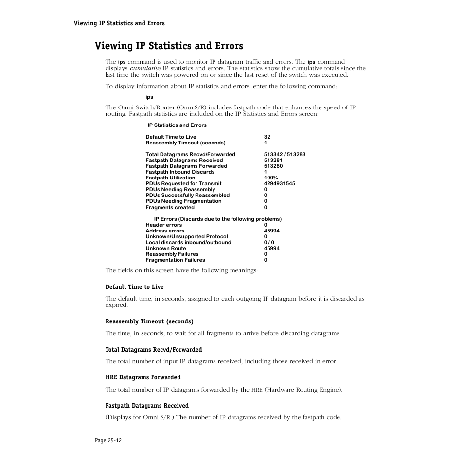 Viewing ip statistics and errors, Viewing ip statistics and errors -12 | Alcatel Carrier Internetworking Solutions Omni Switch/Router User Manual | Page 734 / 1100
