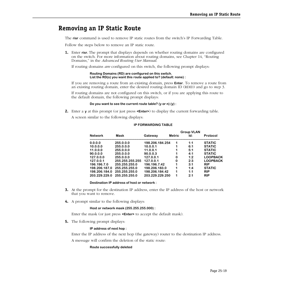 Removing an ip static route, Removing an ip static route -19 | Alcatel Carrier Internetworking Solutions Omni Switch/Router User Manual | Page 741 / 1100